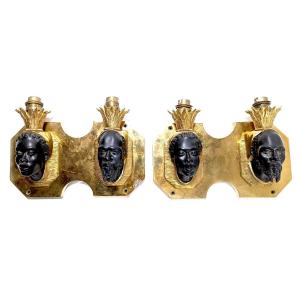 Pair Of Maison Baguès Bronze Sconces With Double Nubian Heads
