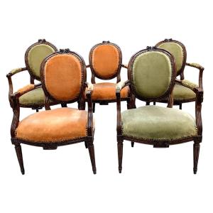 Series Of 5 Transition Period Armchairs In Walnut