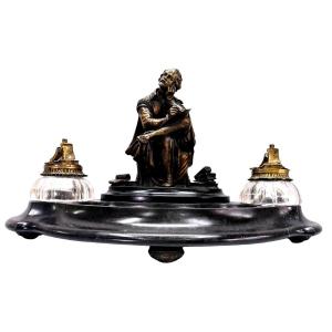 Rare Inkwell In Bronze And Black Marble With Integrated Bell System XIXth