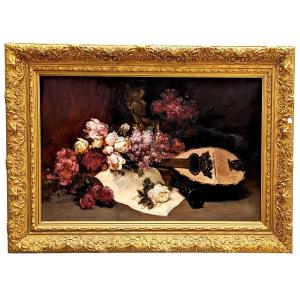 Oil On Canvas Still Life With Roses And Lilacs Signed Baudin, XIXth Century