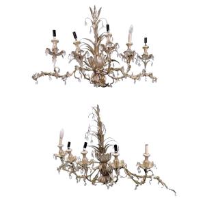 Large Pair Of Sconces In Patinated Sheet Metal With Ears In The Spirit Of Maison Jansen