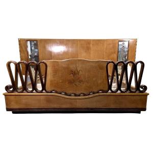 1950 Italian Bed In Maple, Marquetry And Venetian Glass, Work In The Spirit Of Paolo Buffa