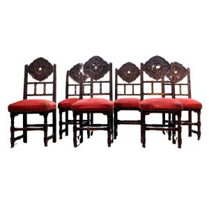 6 Oriental Chairs Algeria 1900 Mother-of-pearl And Pewter Inlays Red Velvet Top