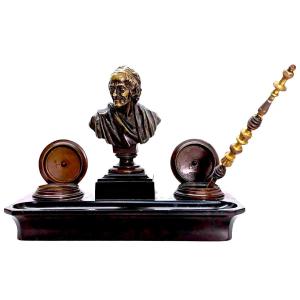 Napoleon III Bronze And Black Marble Inkwell With Voltaire Decor