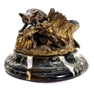 Animal Bronze Double Patina Rabbit And Fox Pyrogenic 19th Century