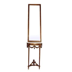 Louis XVI Style Golden Wood Console With Mirror 1900