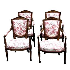 Series Of 4 Directoire Period Walnut Armchairs Covered In Toile De Jouy