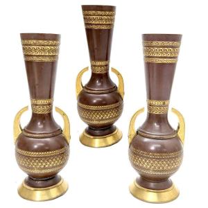 Series Of 3 Orientalist Soliflores In Patinated And Gilded Bronze From The Napoleon III Period