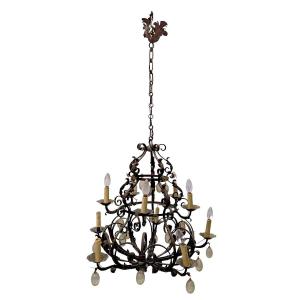 Wrought Iron And Blown Glass Chandelier, Early 20th Century  