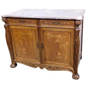  High Art Nouveau Sideboard From 1900, Inlaid And Carved, Rich Floral Marquetry  