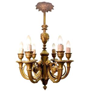 "important Chandelier With 6 Light Arms, Louis XVI Style - France, Circa 1900 In Chiseled Bronze  