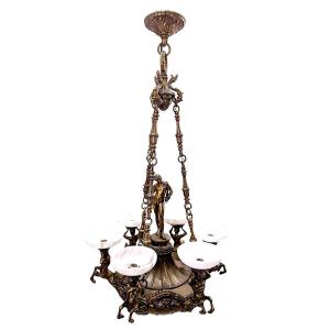 Monumental Chandelier In Patinated Bronze And Alabaster – Mythological Decor 
