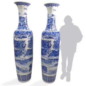Large Pair Of Baluster-shaped Vases In Blue And White Enameled Porcelain 