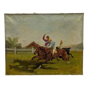 Oil On Canvas Horse Racing 1900