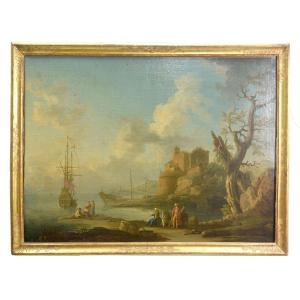 Oil On Canvas 18th Century Port View With Turkish Figures