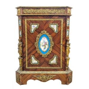 Napoleon III Sideboard With Sèvres Porcelain Plate Marquetry & Gilt Bronze Register 19th Century