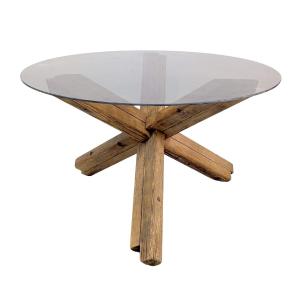 1950 Elm Table With Smoked Glass Top