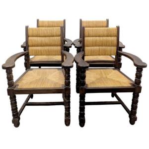 Set Of 4 Turned Wood And Mulch Armchairs By Charles Dudouyt