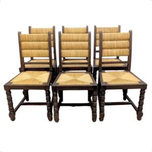 Series Of 6 Chairs In Turned Wood And Mulch By Charles Dudouyt