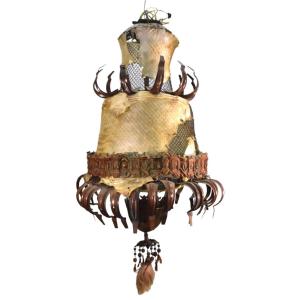 Tribal Sculpture Chandelier By Maker Michel Haillard, Skin And Wire Mesh