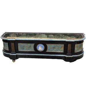 Napoleon III Planter In Blackened Pearwood, Brass Fillet And Wedgewood Porcelain 19th Century