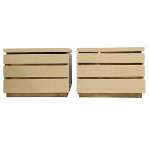 Pair Of Small 3-drawer Cream Lacquered Chests Of Drawers From The 80s By Jean Claude Mahey