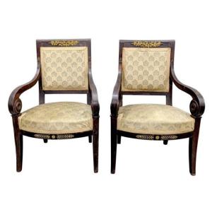 Pair Of Empire Mahogany Armchairs With Gilded Bronzes, Circa 1810