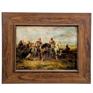 Oil On Orientalist Panel Fantasia Bedouin Riders Signed E. Fromentin