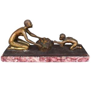 Art Deco Bronze With Golden Patina Young Girl With Fauna By Henry Fugère