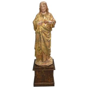 Polychrome Cast-iron Statue Of Christ (sacred Heart) 19th Century