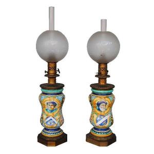 Late 19th Century Italian Majolica Oil Lamps (pair)