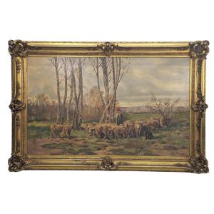 Large 19th Century Pastoral Scene In A Large Winged Frame