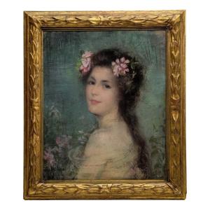 Portrait Of A Young Girl Pastel Belgian School Fernande De Mertens