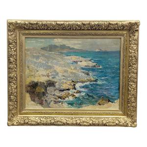 Oil On Panel By Louis Edouard Garrido Les Goudes Et l'Ile Maire