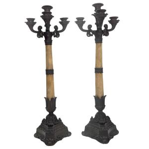 Pair Of Restoration Candlesticks In Onyx And Patinated Bronze