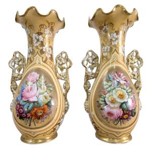 Rose-painted Vases In Porcelain From Paris, 19th Century (pair)