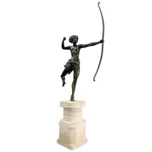 Diana The Huntress Bronze Art Deco Archer On A Base Of Rogne Stone