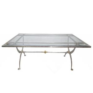 Brushed Steel And Brass Dining Table With Glass Top