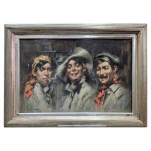 Andrès Gimeno Three Laughing Young Men Pastel 1900
