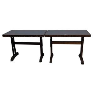 Pair Of 1930s Art Deco Bistro Tables In Marquetry And Black Opaline