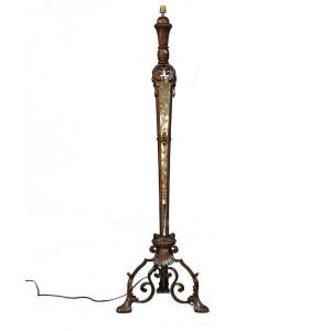 1940s Floor Lamp In Wrought Iron And Eglomised Mirror