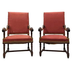 Pair Of Louis XIII Style Armchairs Walnut Acanthus Leaves