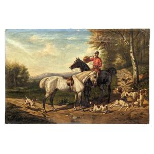 Oil On Canvas Chasse à Cour Signed By Pellegrin Donat