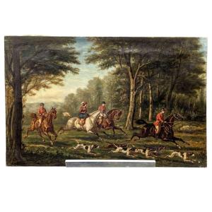 Oil On Canvas Chasse à Cour Signed By Pellegrin Donat