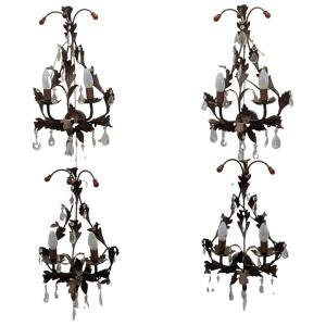 Series Of 4 Sconces In Painted Sheet Metal And Coloured Pendants
