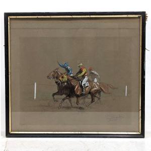 Horse Racing Scene Watercolor Gouache By Eugène Péchaubes