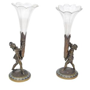 Pair Of Candle Holders Decorated With Young Bronze And Crystal Pages