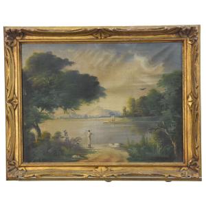 African Lake Scene With Fishermen, Circa 1900