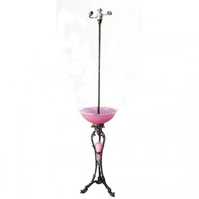 Rare Floor Lamp In Silver Metal And Opaline Rose By Maison Christofle 1900