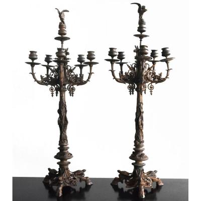 Pair Of Great Bronze Candlesticks By Jules Moigniez Nineteenth